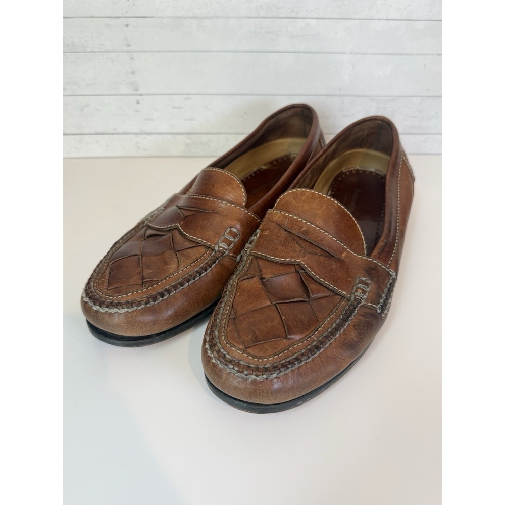 Johnston & Murphy Men's 13 Brown Leather Woven Penny Loafers Slip On Shoes